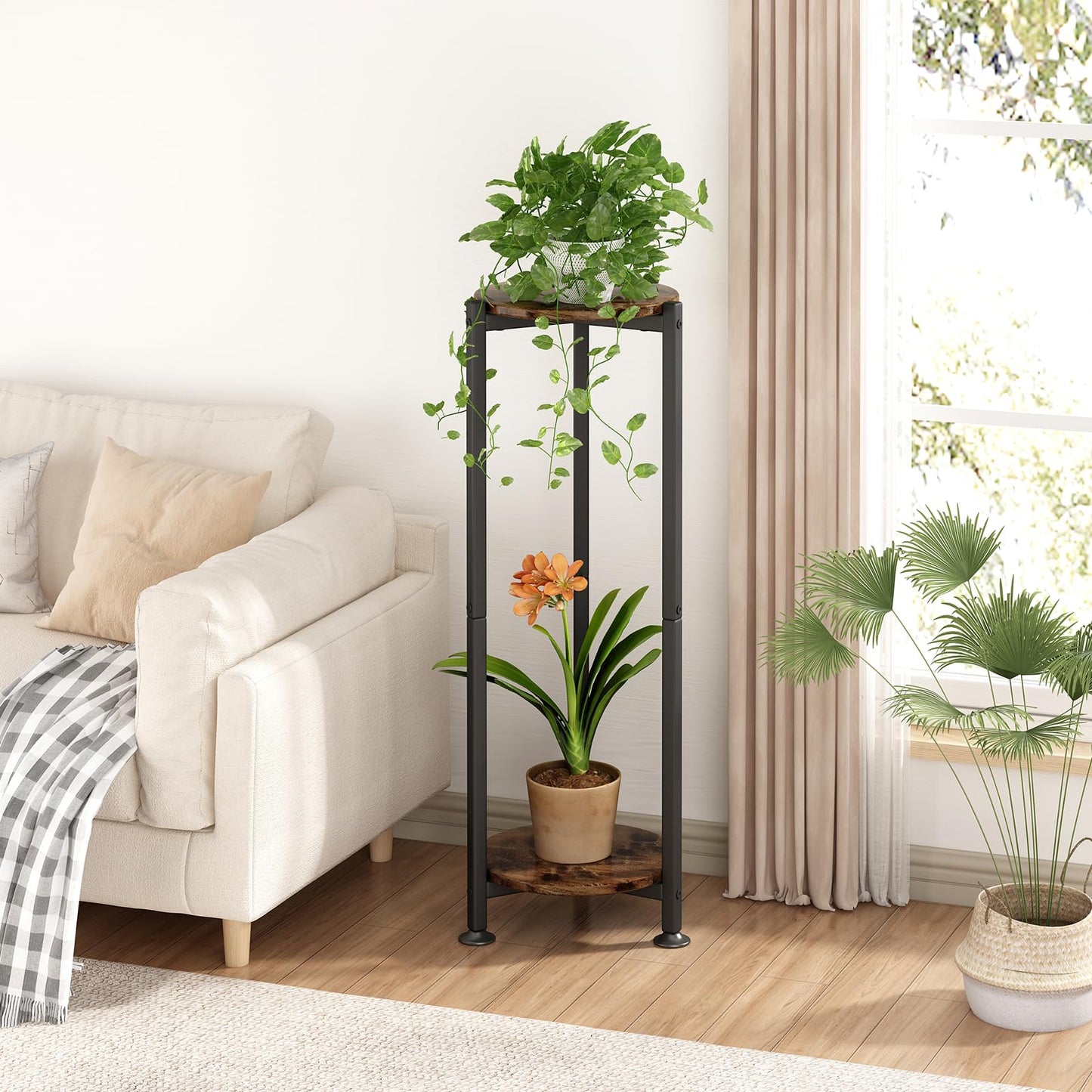 YIZAIJIA Plant Stand Indoor Corner Tall 2 Tier Metal Modern Flower Storage Plant Shelf Holder for Living Room Balcony Garden,Black (2 Tier-Black Round)