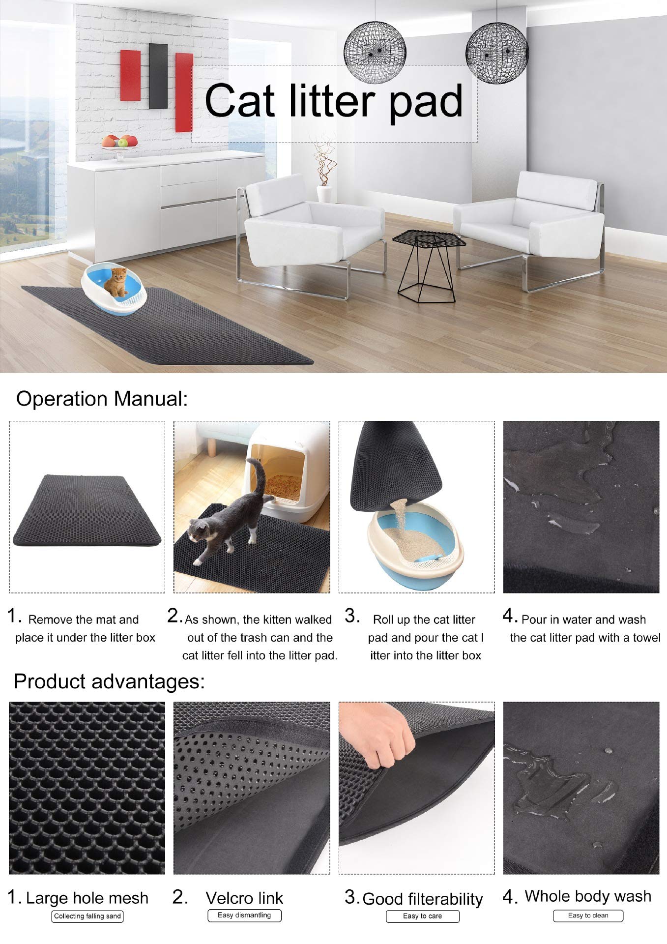 Cat Litter Box Mat Litter Double-Layer Design Waterproof Urine Proof Material, Easy Clean and Floor Carpet Protection Best Scatter Control Easy to Clean, Soft on Paws Cat Tray Mat (Small) (S (Pack of 1))