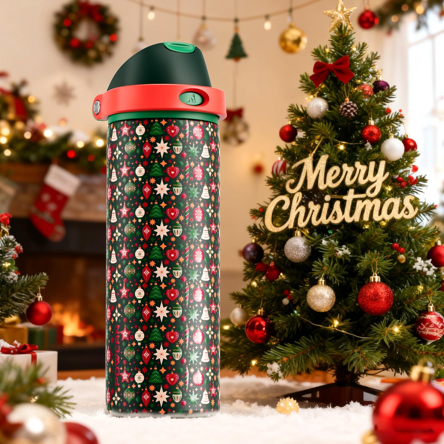 POWCAN 24 oz Christmas Insulated Water Bottle: 2-in-1 Push-Button Spout & Quick-Flip Straw, Leakproof, Fits in Car Cupholder, Stainless Steel Water Bottle for Holiday Gift, Sports, School (Jingle Joy)