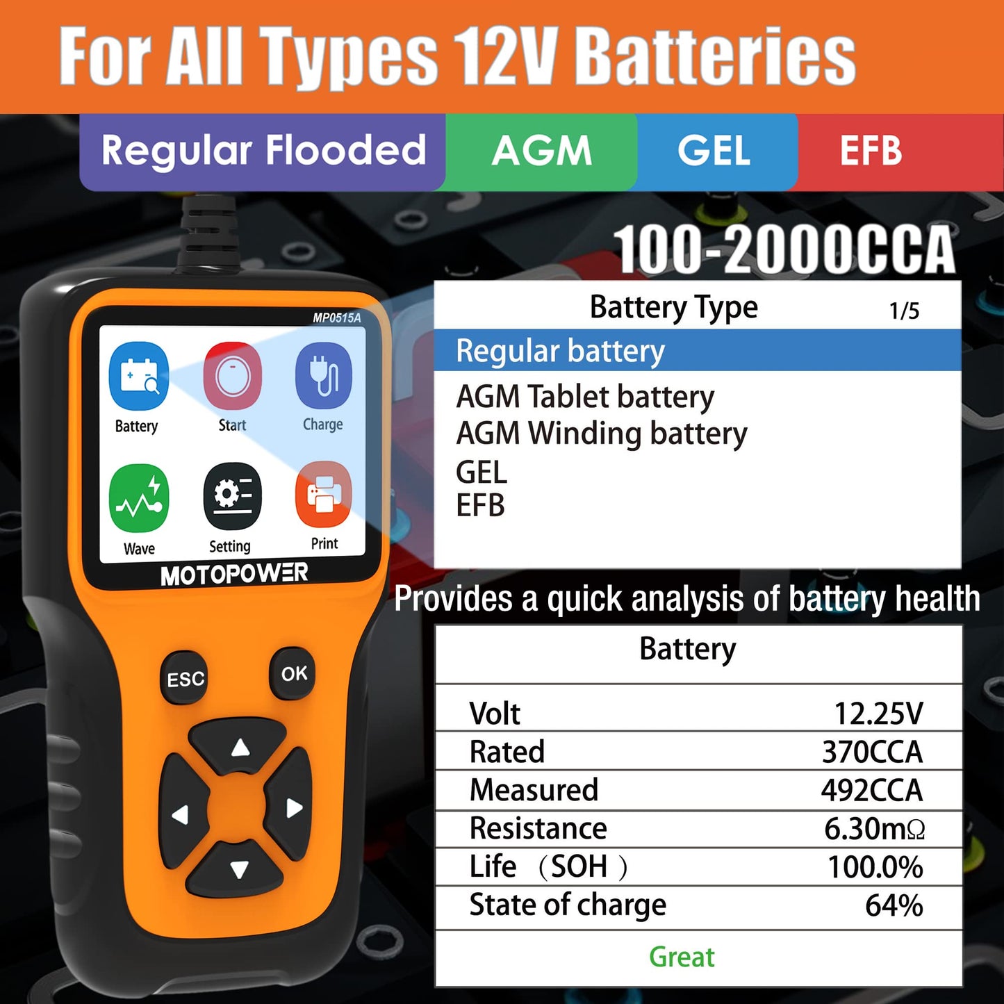 MOTOPOWER MP0515A 12V Car Battery Tester Automotive 100-2000 CCA Battery Load Tester Auto Cranking and Charging System Tester