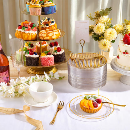 DaYammi 240Pcs Appetizer Plates Include 120Pcs Gold Dessert Plates 6.3inch with 120Pcs Gold Plastic Forks 5.7inch,Clear gold plates Disposable Salad Plate for Party Cake Plate for Wedding
