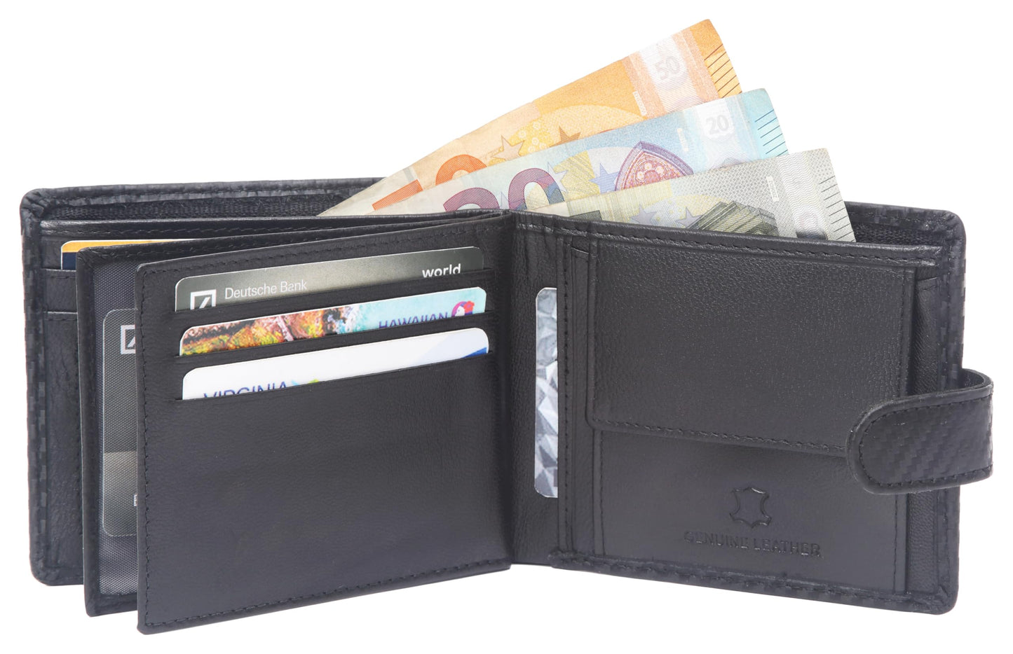 ODS:UK Mens RFID Blocking Safe Soft Leather Tri Fold Wallet Card Slots Id Window and Coin Pocket (Jet Black Carbon)