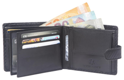 ODS:UK Mens RFID Blocking Safe Soft Leather Tri Fold Wallet Card Slots Id Window and Coin Pocket (Jet Black Carbon)