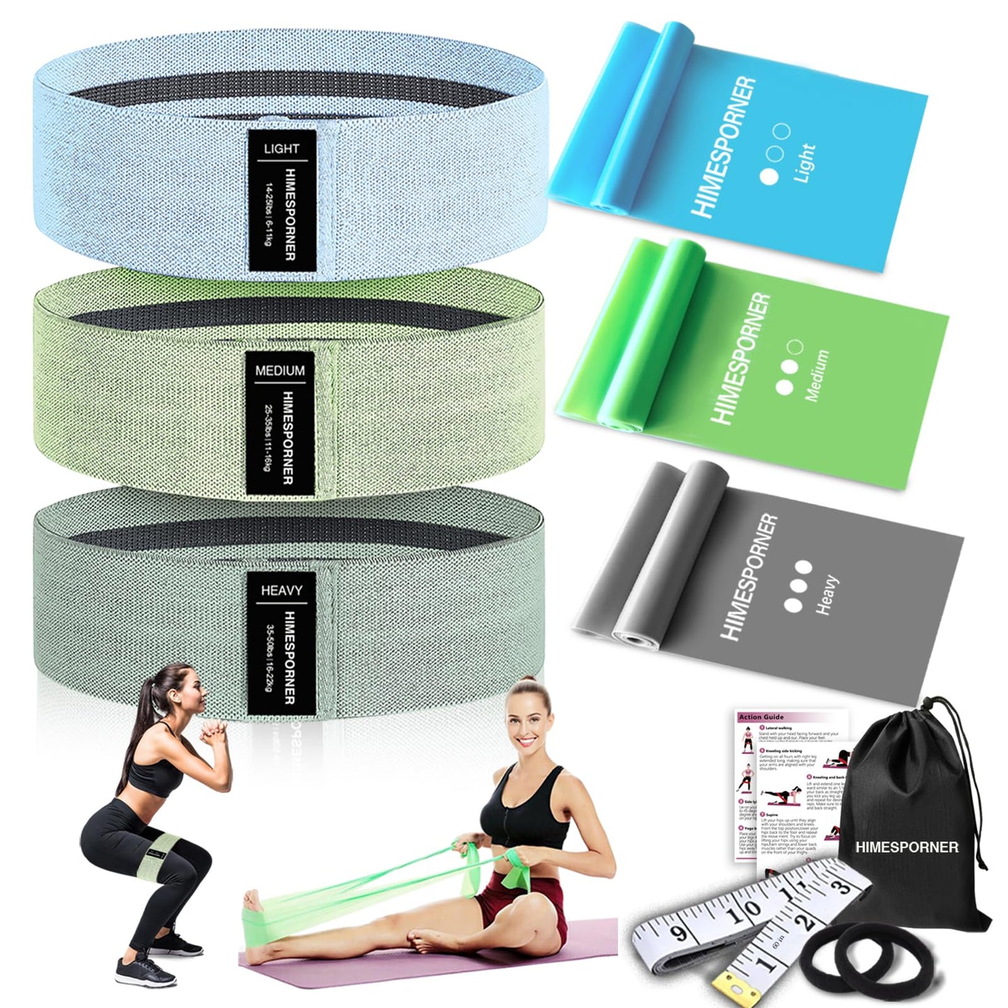 Wide Fabric Resistance Bands for Working Out, 3 Level Non-Slip Exercise Booty Bands for Women & Men Leg and Glutes with Hair Ties and Tape Measure - for Home Gym Workout, Yoga, Pilates