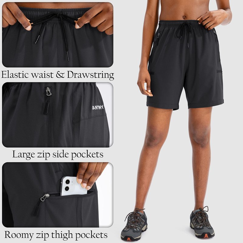SANTINY Women's 5''/ 7''/9'' Hiking Cargo Shorts Quick Dry Lightweight Summer Shorts for Women Athletic Golf Zipper Pockets(Black_L)