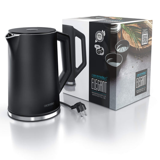 Arendo - Stainless Steel Kettle with Temperature Setting 40-100 Degrees in 5 Steps - Double Wall Design - Elegant Model - 1.5 Litre - 2200 W - Tea Maker with Temperature Display - GS - Black