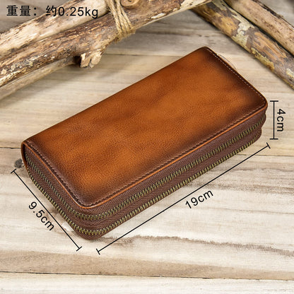 LUUFAN Men's Genuine Leather Clutch Bag Double Zipper Purse 4 Interlayer Zip-Around Wallet (Brown 4)