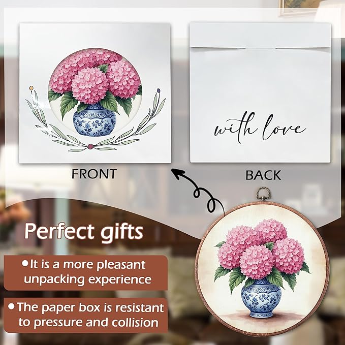 Threegoat Chinoiserie Spring Floral Framed Round Wall Art,Blue and White Hydrangea Flowers Wall Art Decor for Bedroom,Vintage Wall Hanging Decor for Grand Millenial Grandmillennial Home - A06