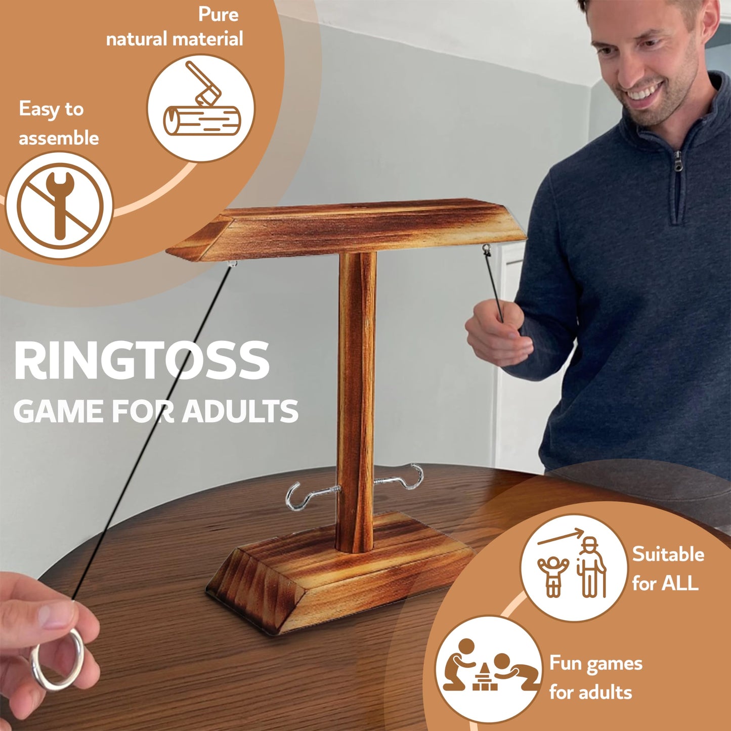 Ring Toss Games for Adults, Hook and Ring Game, Swinging String Hook & Ring Tabletop Battle Games, Outdoor & Indoor Game, Party Bar Patio Décor, Wooden Ring & Hook, Fun for Adults
