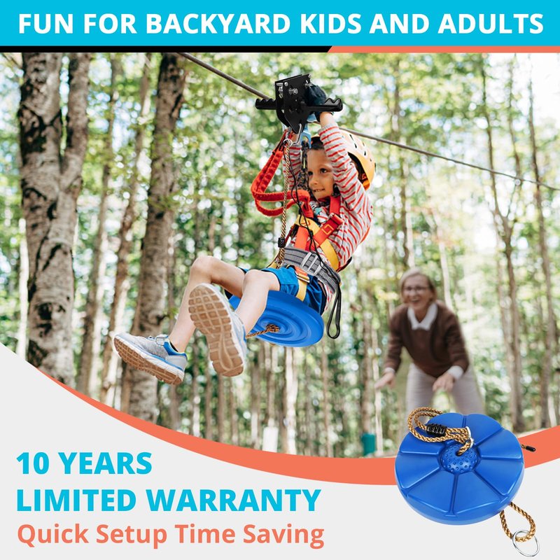 HOKINETY Zip Line Kit for Kids Adults : Up to 450Lbs 200FT Quick Setup Zipline for Backyard Outdoor with 100% Rust Proof Removable Trolley Swing Seat Safety Harness Spring Brake