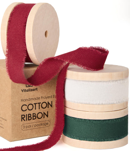 Vitalizart Christmas Ribbon Cotton Handmade Fringe 5/8" x 21 Yd Pure Natural Cotton Ribbons for Gift Wrapping Wedding Invites Bridal Shower Bouquets Holiday Decor