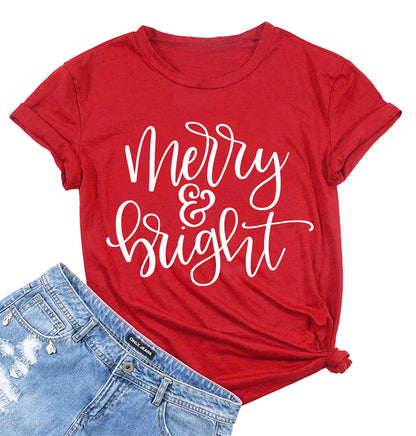 MAIHUN Christmas Shirts Womens Merry and Bright Shirt Xmas Holiday Tshirt Christmas Lights Tee Tops Red
