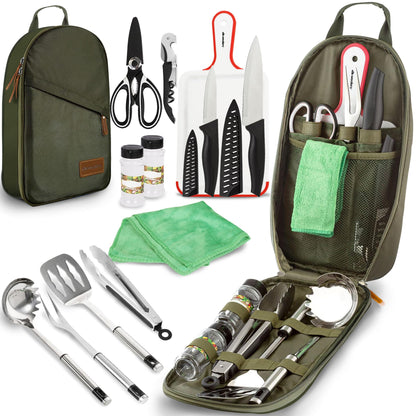 12 Piece Camp Kitchen Cooking Utensil Set Travel Organizer Grill Accessories Portable Compact Gear for Backpacking BBQ Camping Hiking Travel Cookware Kit Water Resistant Case (Green)