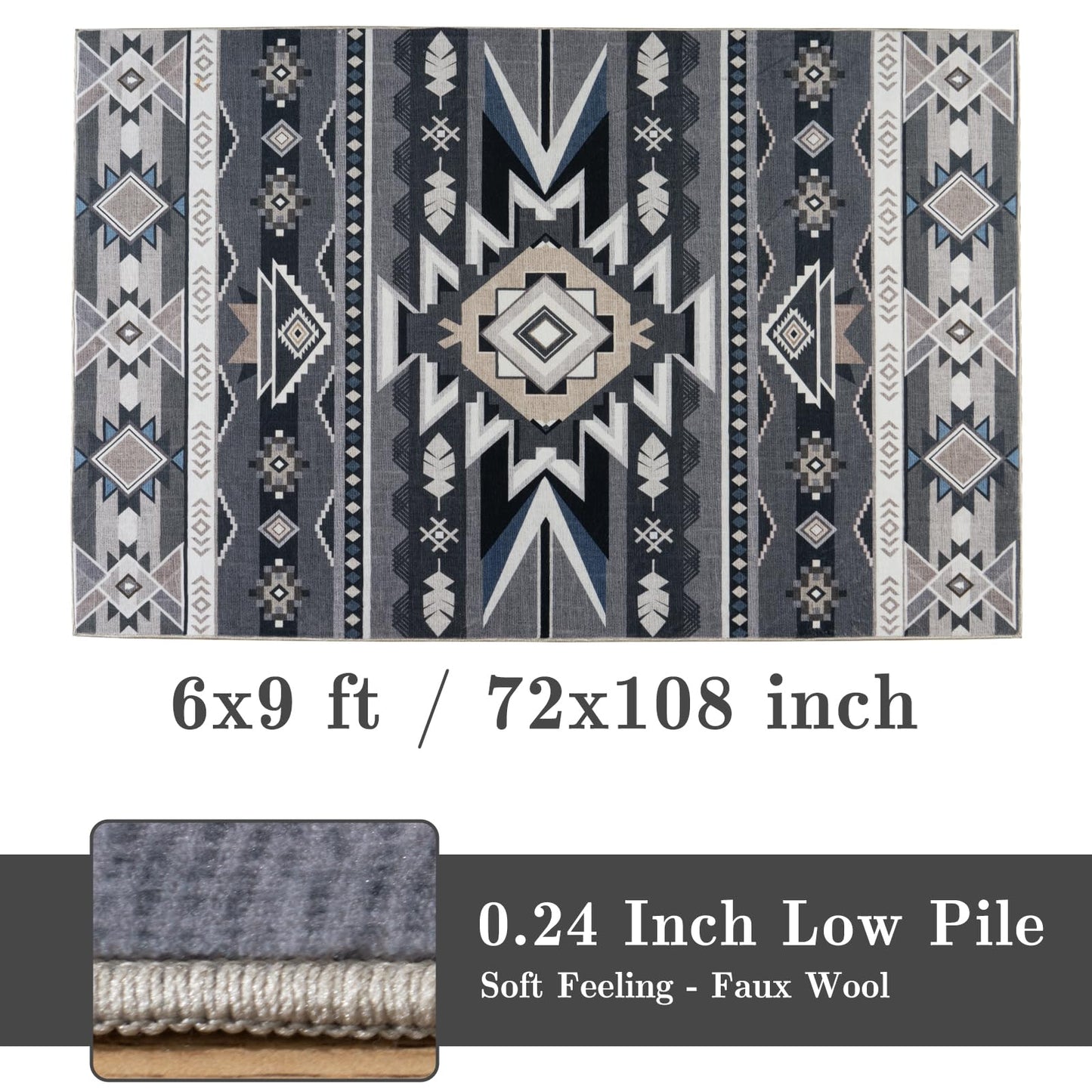 Western Rug for Living Room, 6x9 Non Slip Low Pile Aztec Rug for Bedroom, Dining Room Rugs for Under Table, Office, Large Machine Washable Area Rugs, Grey