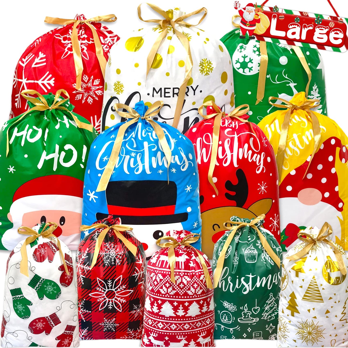 Joy Bang 21PCS Christmas Gift Bags Assorted Sizes, Large Drawstring Gift Bags for Presents, Xmas Santa Snowmen Reindeer Christmas Wrapping Bag, Treat Goody Candy Gift Bag, Party Supplies Favors