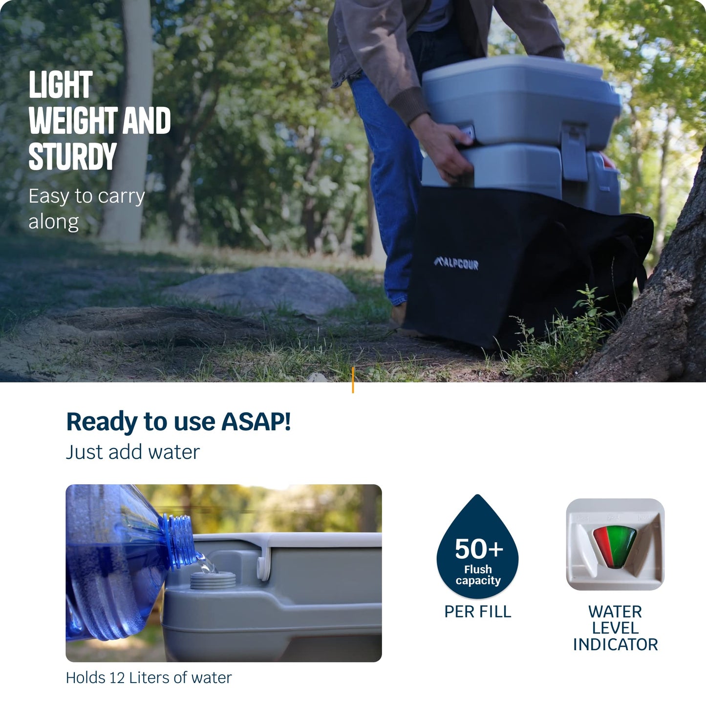 Alpcour Portable Toilet – Compact Indoor & Outdoor Commode w/Travel Bag for Camping, RV, Boat – Piston Pump Flush, 5.3 Gallon Waste Tank, Built-In Pour Spout & Washing Sprayer for Easy Cleaning