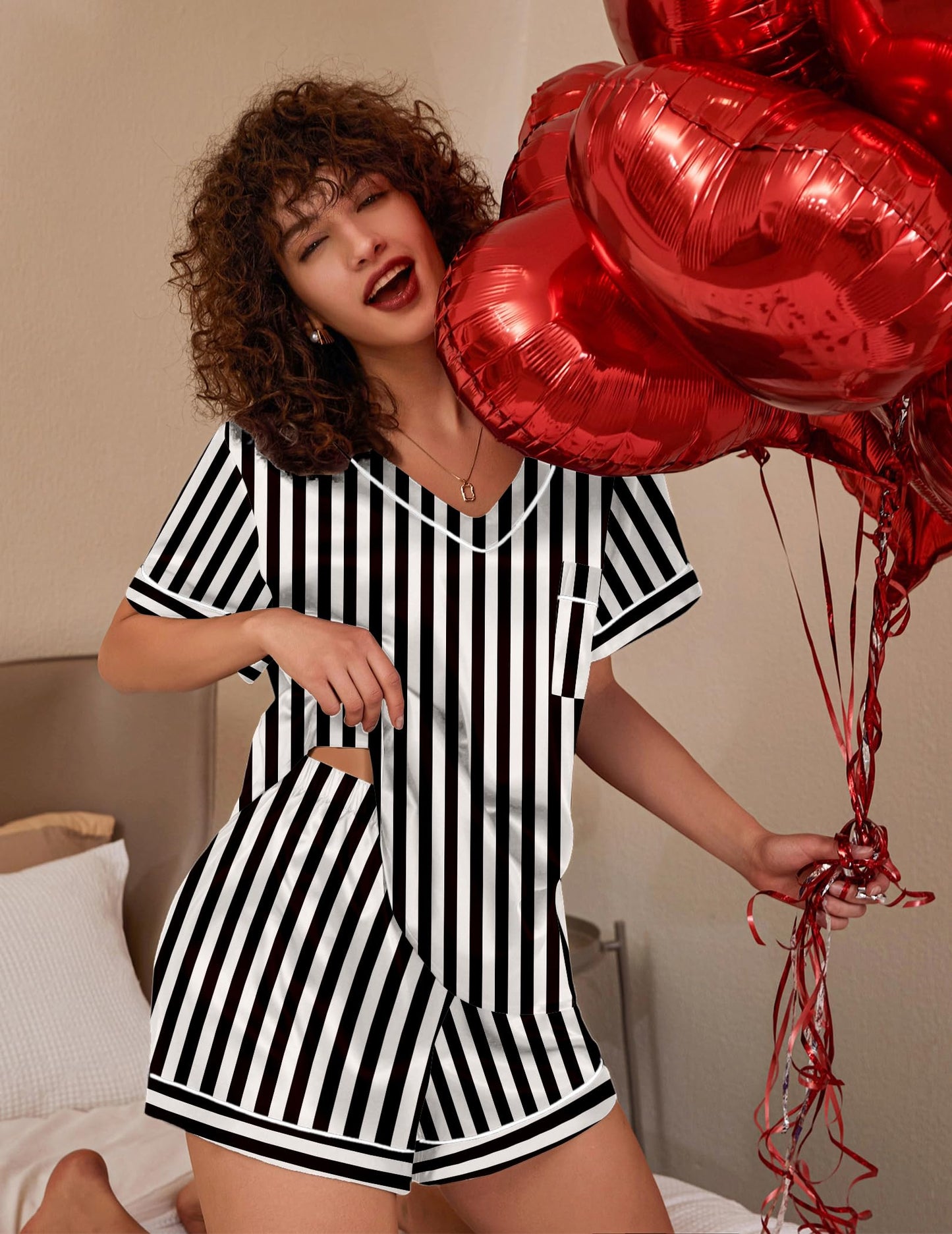 Ekouaer Silk Pajama for Women Short Sleeve Satin Pj Set Two Piece Soft Sleepwear Loungewear Casual Pjs for Summer Black-Champagne Stripes L