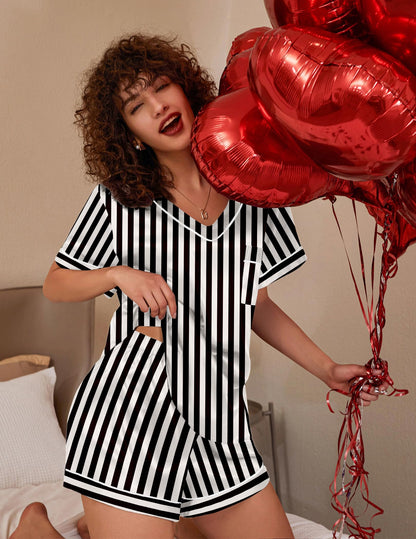 Ekouaer Silk Pajama for Women Short Sleeve Satin Pj Set Two Piece Soft Sleepwear Loungewear Casual Pjs for Summer Black-Champagne Stripes L