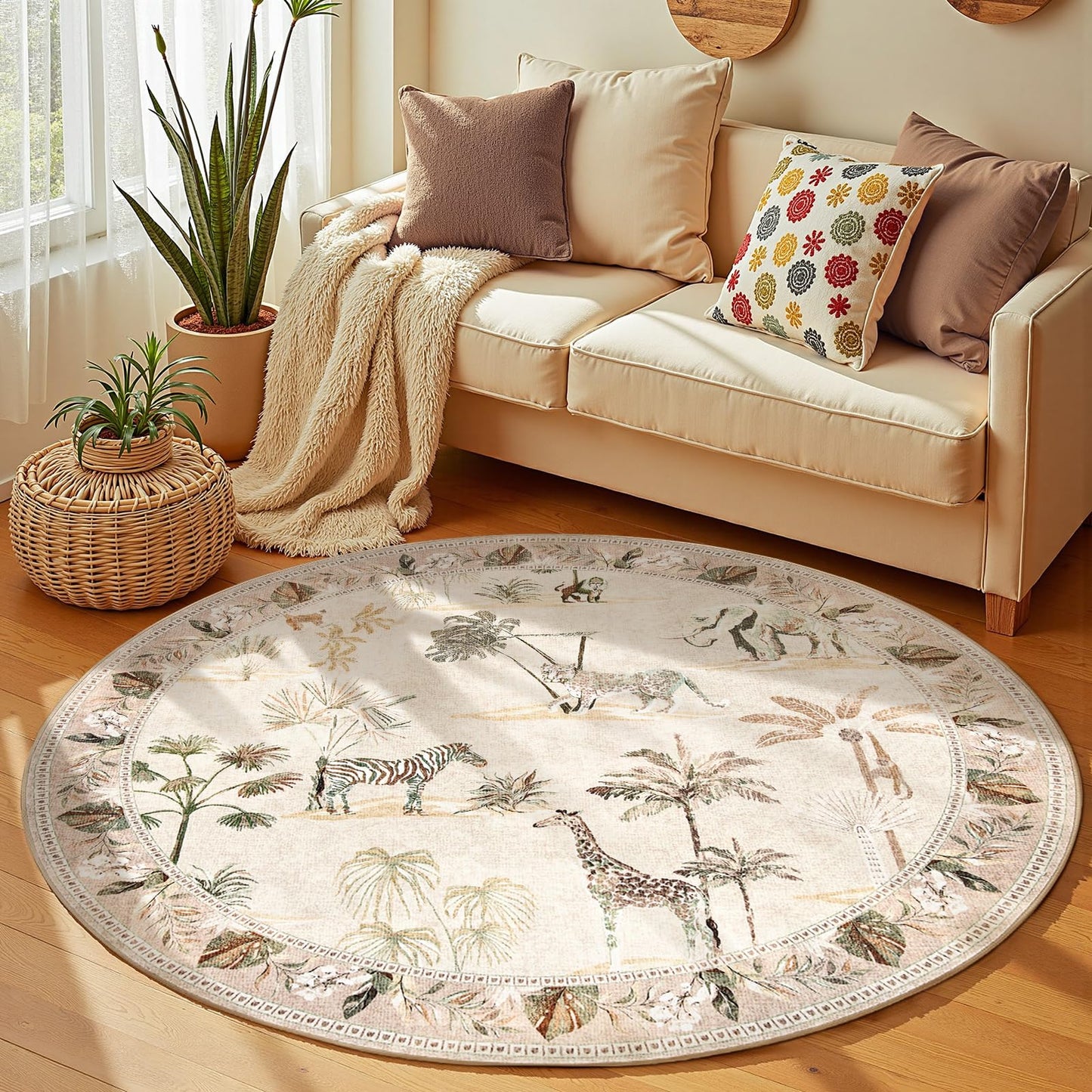 jinchan Round Rug 5ft Beige Jungle Animals Print, Machine Washable 5' Circle Modern Soft Non-Slip Forest Plant Throw Area Rug, Ultra-Thin Low Pile Carpet for Entryway Bedroom Kitchen Kids Room