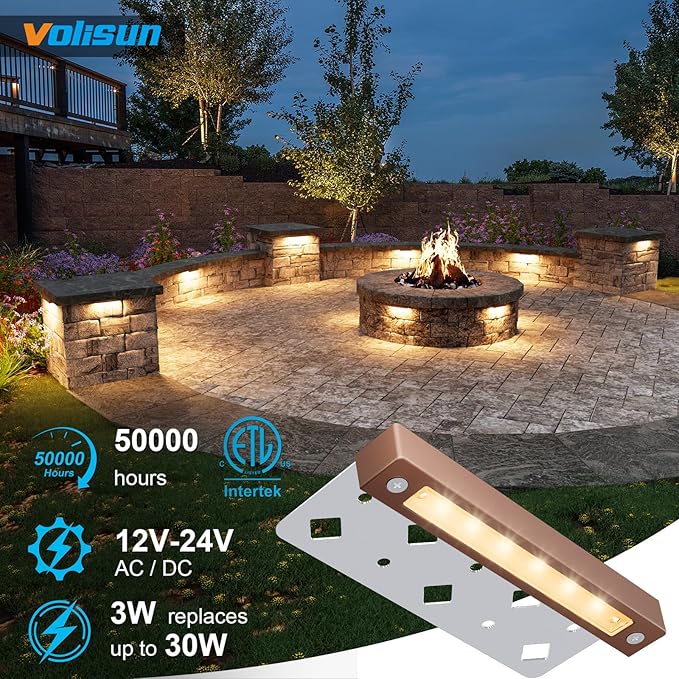 VOLISUN 16 Pack 7 Inch Retaining Wall Lights, Waterproof LED Hardscape Lighting, Cuttable Low Voltage Landscape Lighting, 12V Paver Lights, 3W Outdoor Step Lights, 2700K Soft White, ETL