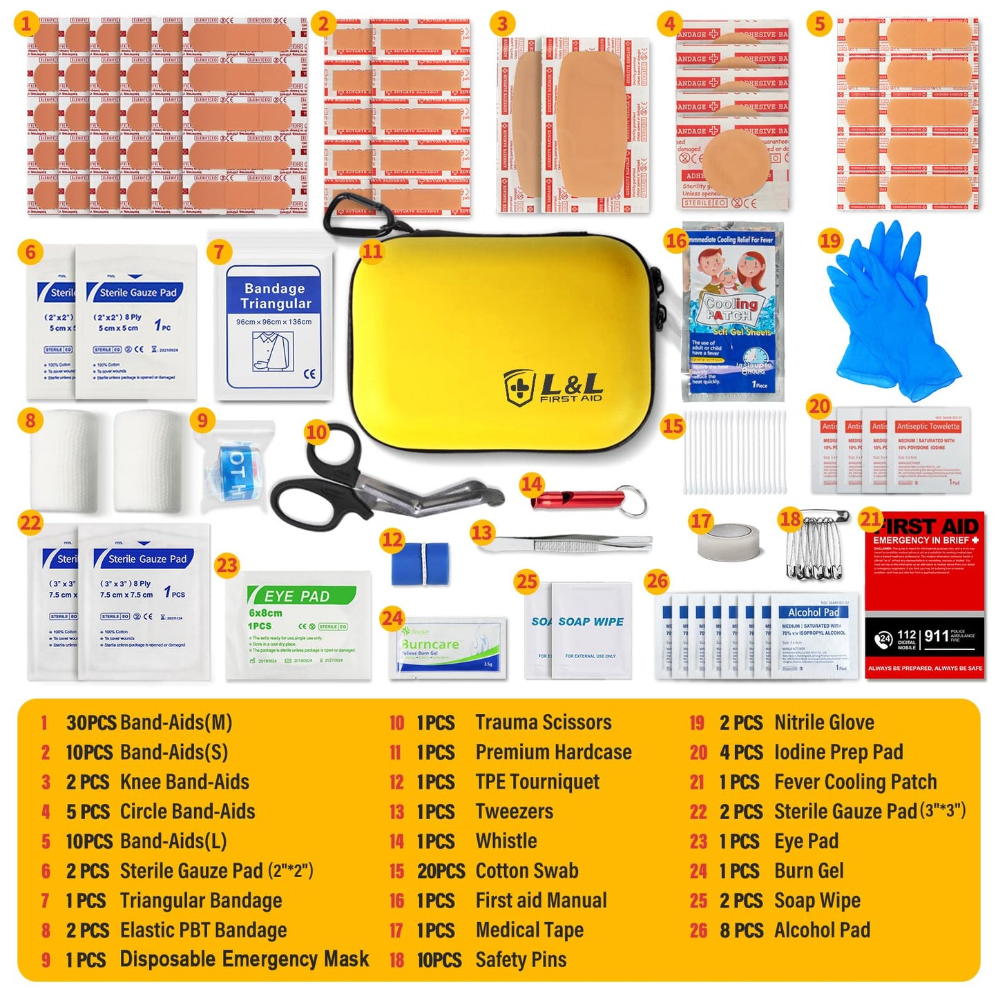120-Piece First Aid Kit for Travel,Car & Emergency Survival - Compact Waterproof Medical Supplies with Trauma Bandages,Burn Gel & Fever Cooling Patch | Portable for Camping,Hiking,Sports(Yellow)