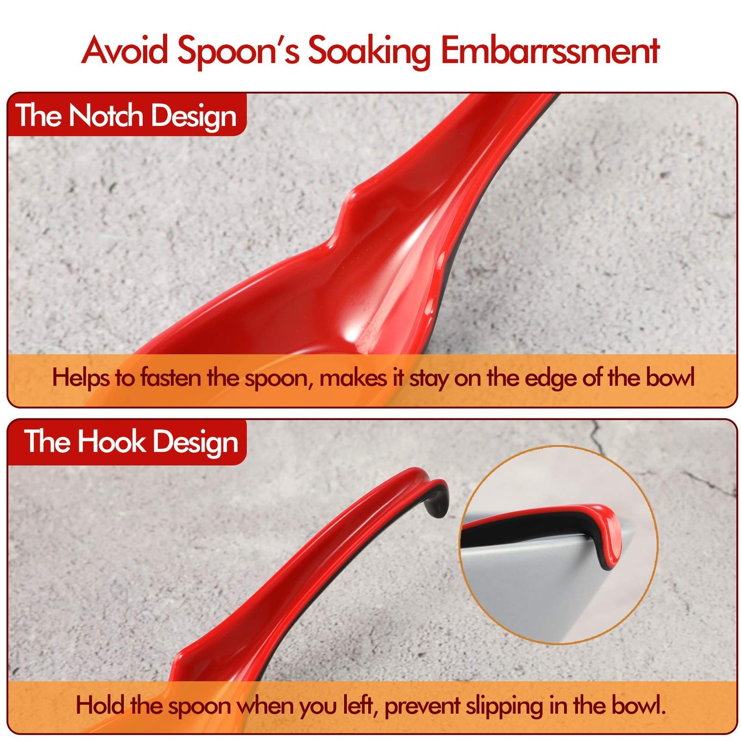 12 PACK Asian Soup Spoons, Rice Spoons, Melamine Chinese Won Ton Soup Spoon For soba, pho, ramen, Noodle, Korean Style Large Spoon with Long Handle- Notch and Hook Style, Red ＆ Black