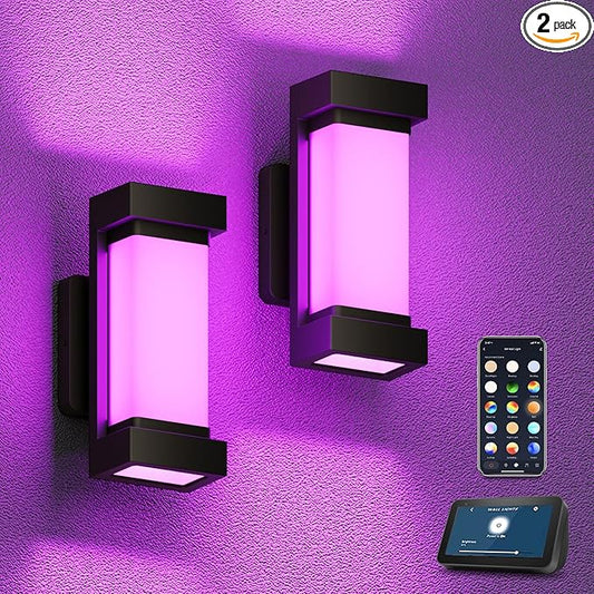 XMCOSY+ Outdoor Wall Lights, 2100LM Smart LED Porch Lights Outdoor, RGBCW Exterior Lighting Sconce, Wi-Fi Control, Compatible with Alexa, IP65 Waterproof, 2 Pack