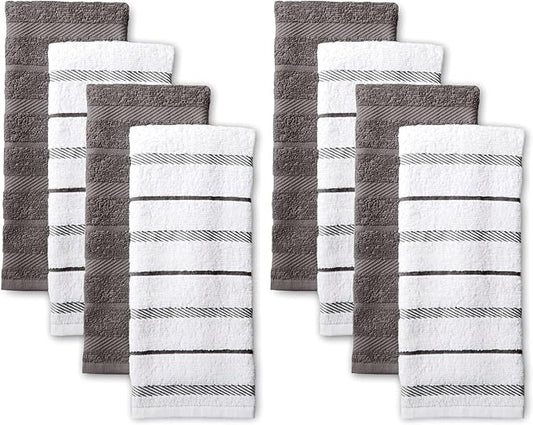 KitchenAid Albany Kitchen Towel 8-Pack Set, Charcoal Grey/White