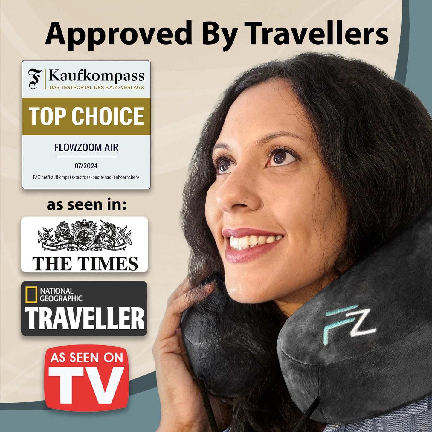 FLOWZOOM Air Inflatable Neck Pillow for Travel – H-Shape Airplane Pillow with 5 Sleeping Positions, Quick Inflation, Adjustable Pressure, Detachable Hood, Soft Plush Cover – Size M, Black