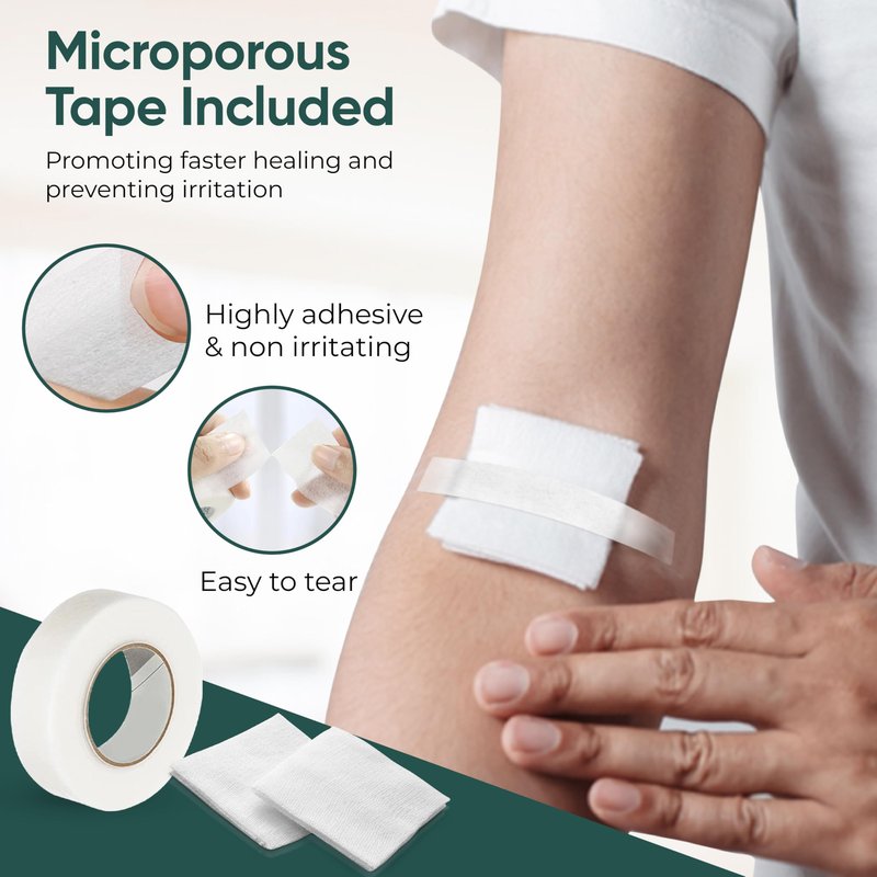 100pc Sterile 4x4 Non-Stick Gauze Pads with Adhesive Medical Tape & 15 Alcohol Wipes – Hypoallergenic Highly Absorbent Non-Adherent Dressing Sponges for Effective Wound Care and First Aid Supplies