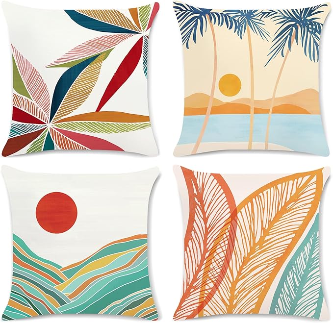 Bonhause Tropical Pillow Covers 16x16 Set of 4 Boho Leaves Palm Tree Summer Beach Decorative Throw Pillow Cases Soft Velvet Outdoor Pillow Covers for Patio Sofa Couch Bedroom Home Decor