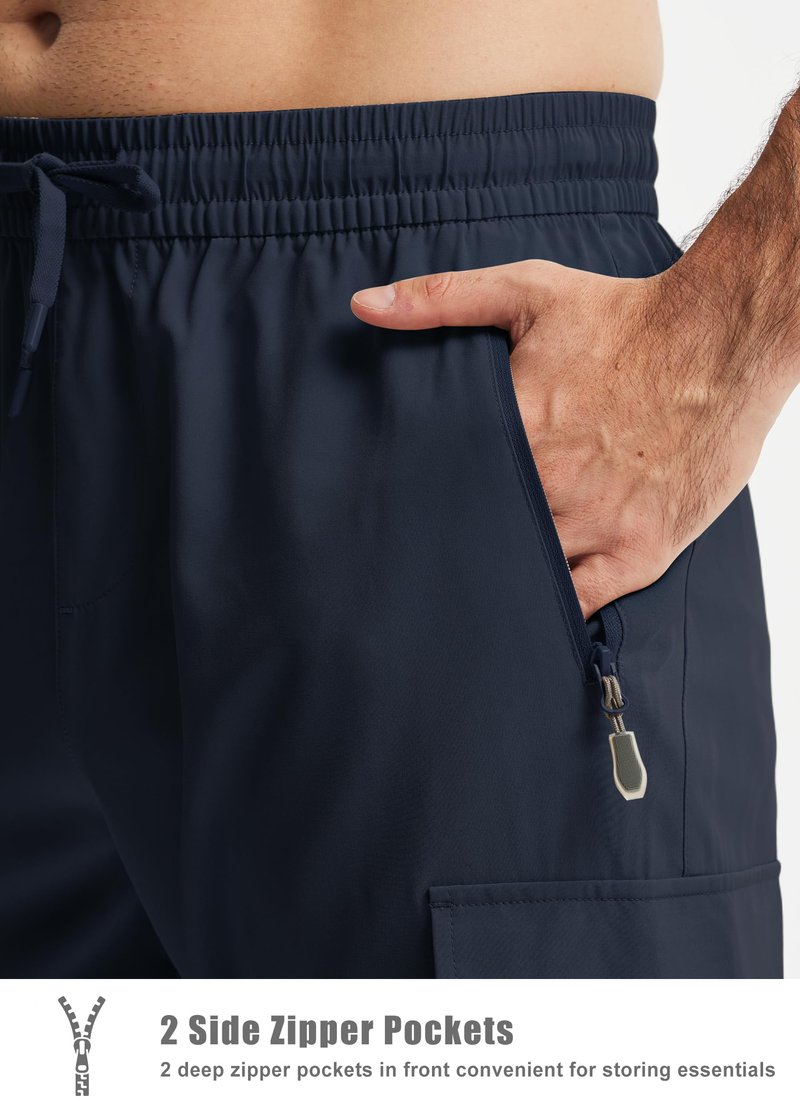 Men's Elastic Waist Hiking Pants Lightweight Quick Dry Cargo Track Pants Water Resistant Travel Outdoor Sweatpants Jogging Athletic Clothes with Zipper Pockets Navy Blue L