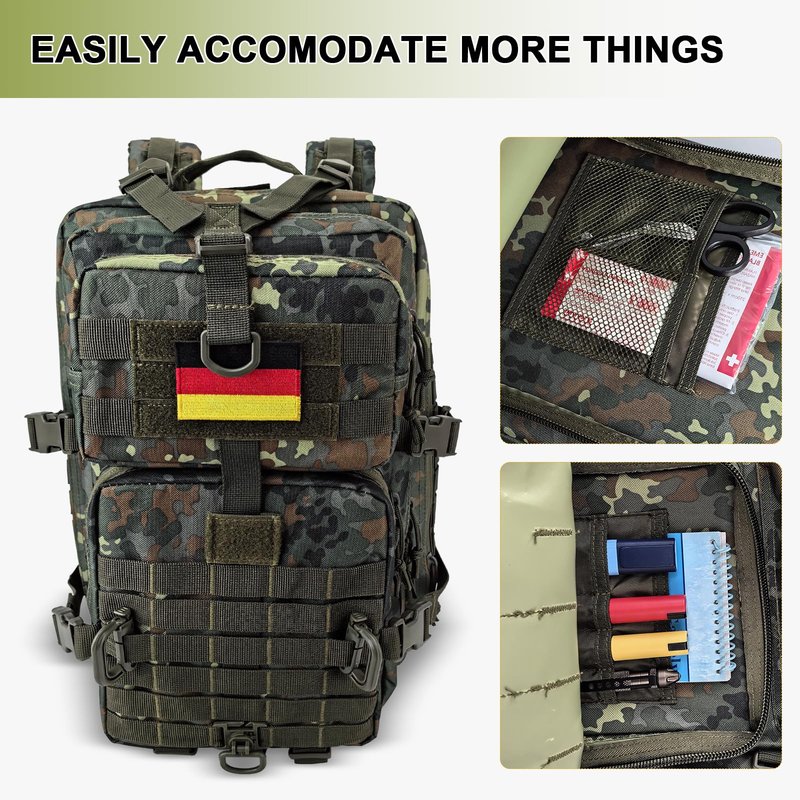 Hannibal Tactical MOLLE Assault Backpack, Tactical Backpack Military Army Camping Rucksack, 3-Day Pack Trip w/USA Flag Patch, D-Rings, Flecktarn