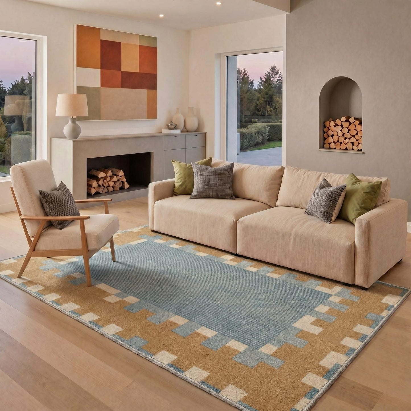 BEIMO 8X10 Area Rugs Minimalist Geometric Blocks Rug, Low Pile Non Slip Machine Washable Indoor Rug for Living Room Bedroom Dining Room Home Office, Dusty Camel