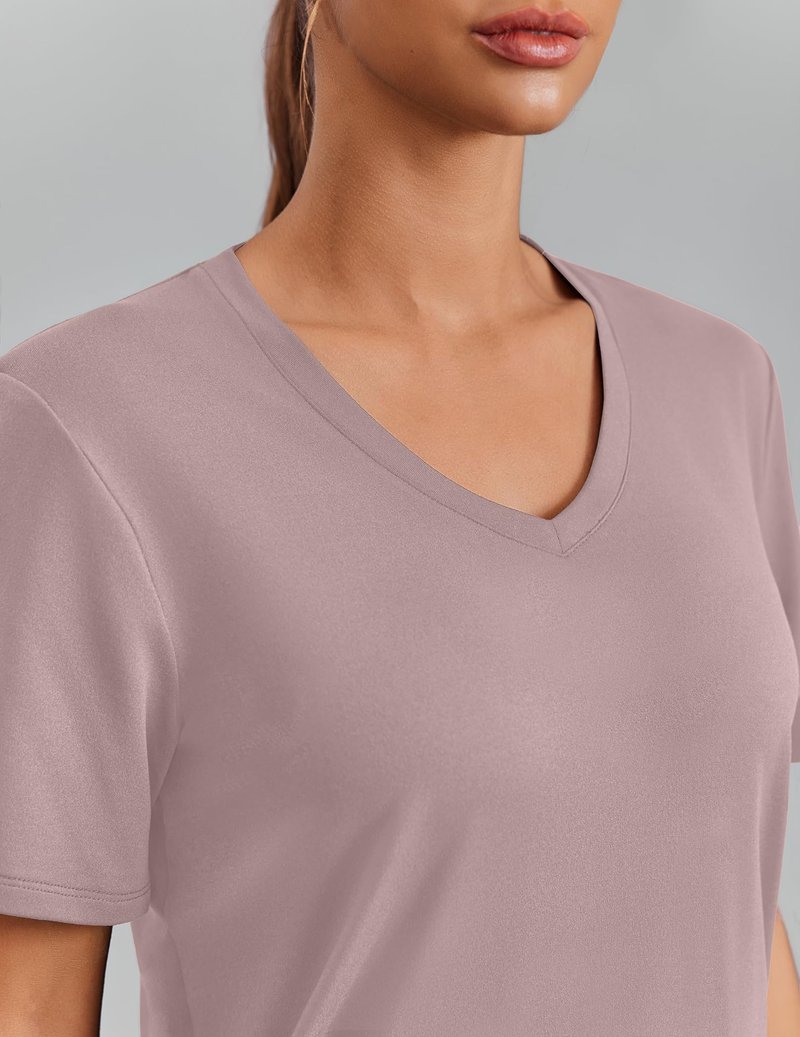 PINSPARK UV Protection Shirts for Women Short Sleeve V Neck UPF 50+ Sun Tops Moisture Wicking Hiking Running Athletic T-Shirts,Warm Tan Small