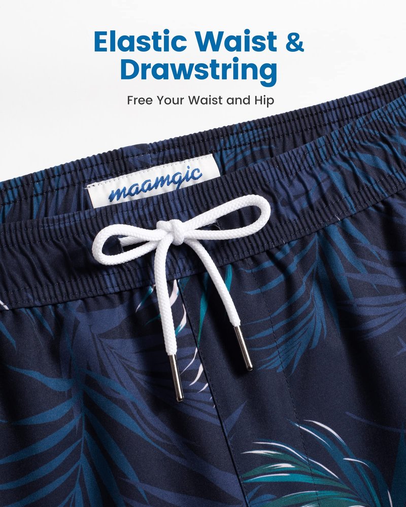 maamgic Mens Swim Trunks with Compression Liner 5 Inch, Quick Dry Bathing Suit with Zipper Pockets, Stretch No-Chafing Swim Shorts, Navy-Pink Leaf Silhouette X-Large