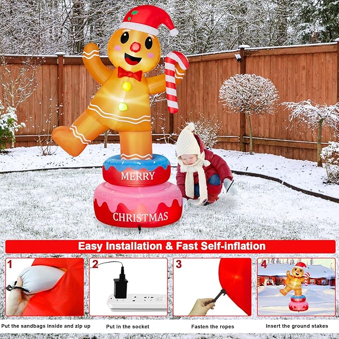 B&D 6FT Christmas Inflatables Outdoor Decorations, Rotating Christmas Inflatable Gingerbread Man Stands on The Turntable Lighted Christmas Blow Up Yard Decorations for Xmas Party Garden Lawn Decor