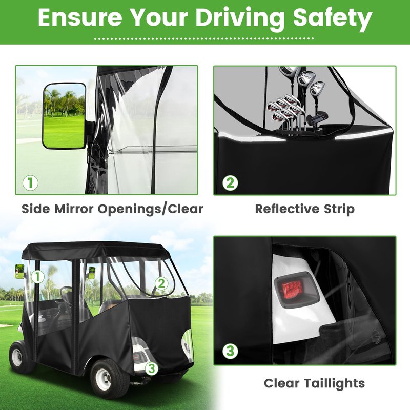 10L0L 2 Passenger Golf Cart Enclosure -61" Roof Fit Universal for EZGO TXT RXV & Club Car DS Precedent Tempo with Side Mirror Openings,Waterproof 600D Rain Cover,Transparent Tail Light Panel