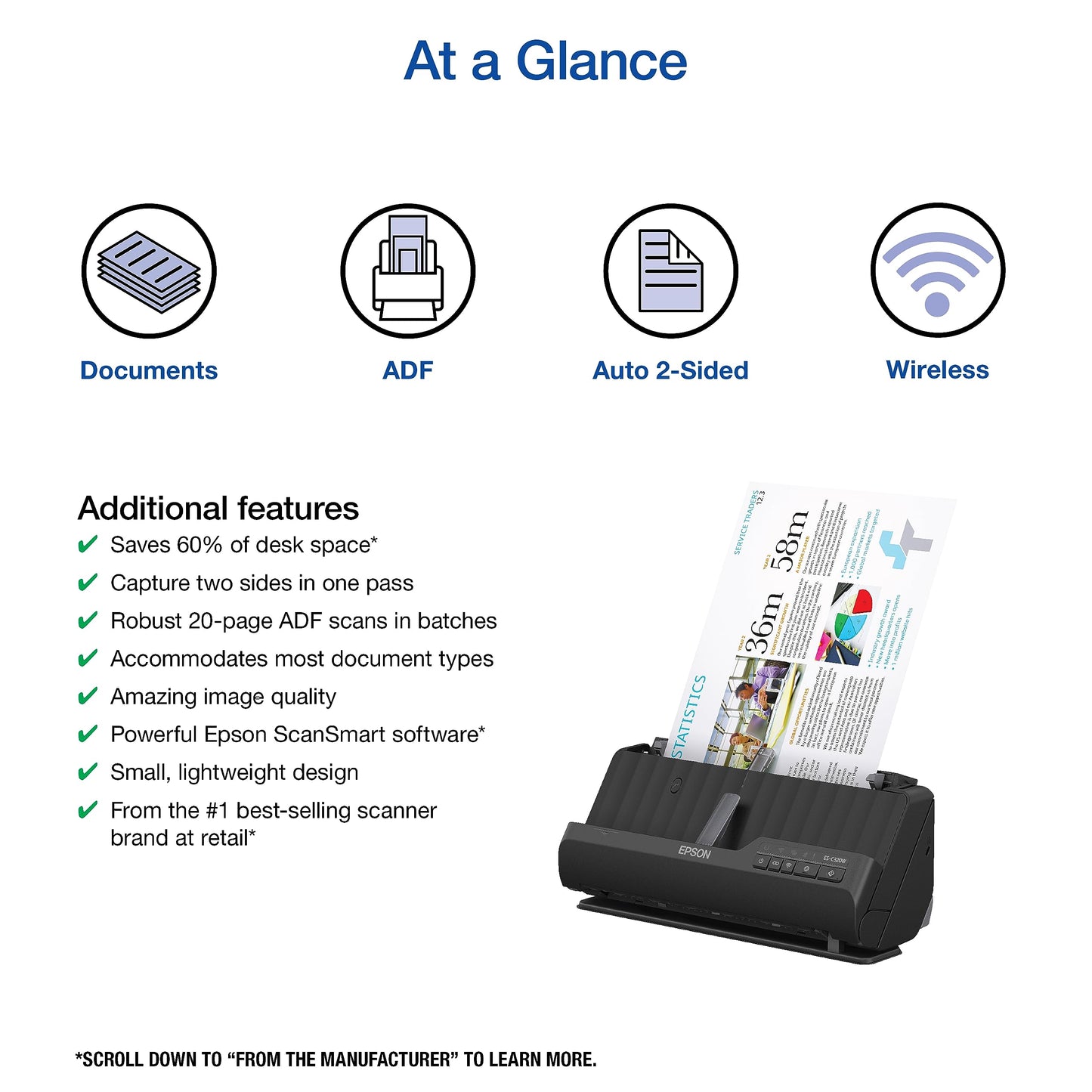Epson - Workforce ES-C320W - Wireless Compact Desktop Document Scanner - 2-Sided Scanning and Auto Document Feeder - Paper and Card Scanner - Black