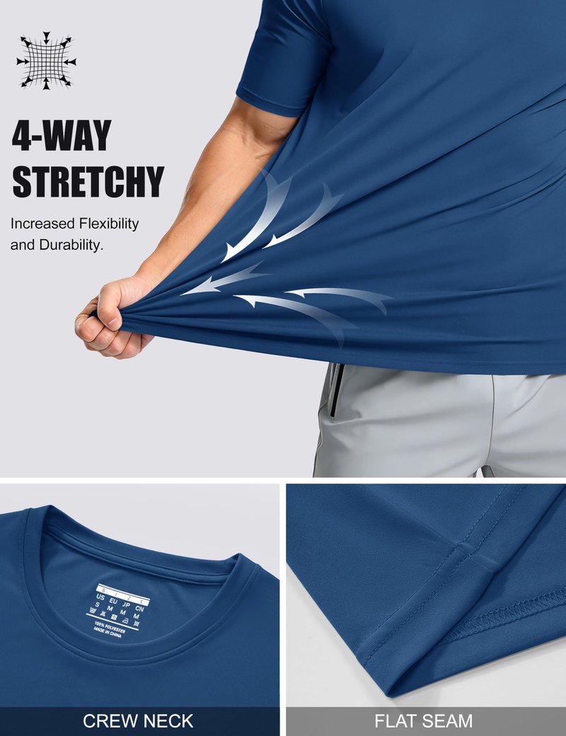 Mens Short Sleeve T Shirts UPF 50+ Shirt Sun Protection T-Shirts Rash Guards Gym Shirts Workout Quick Dry T-Shirt Blue Grey