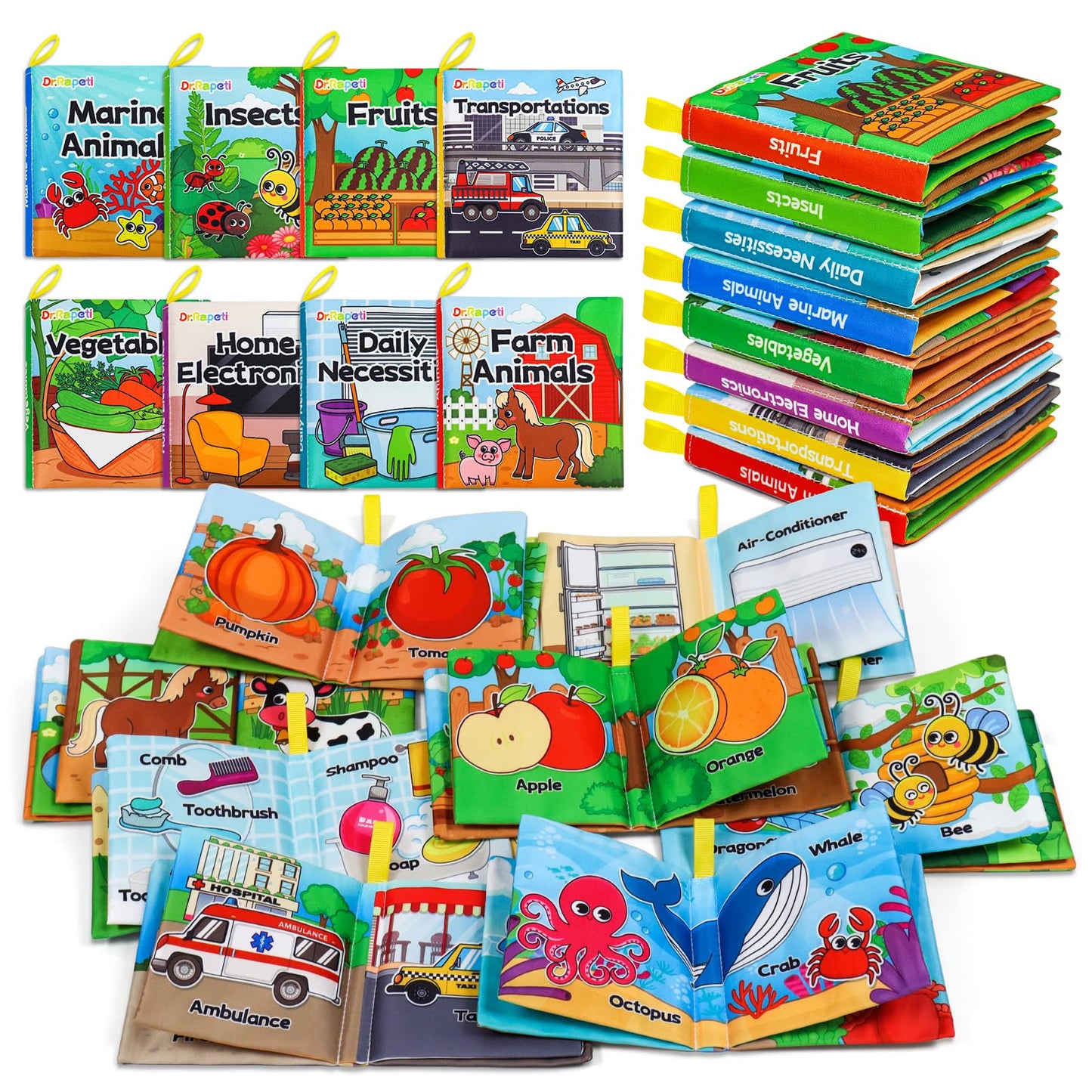 Dr.Rapeti Soft Cloth Books Baby Books Bath Books 8-Pack for Baby Infant Toddler Kid Crinkle Washable Chewable Early Educational Preschool Learning Giftable