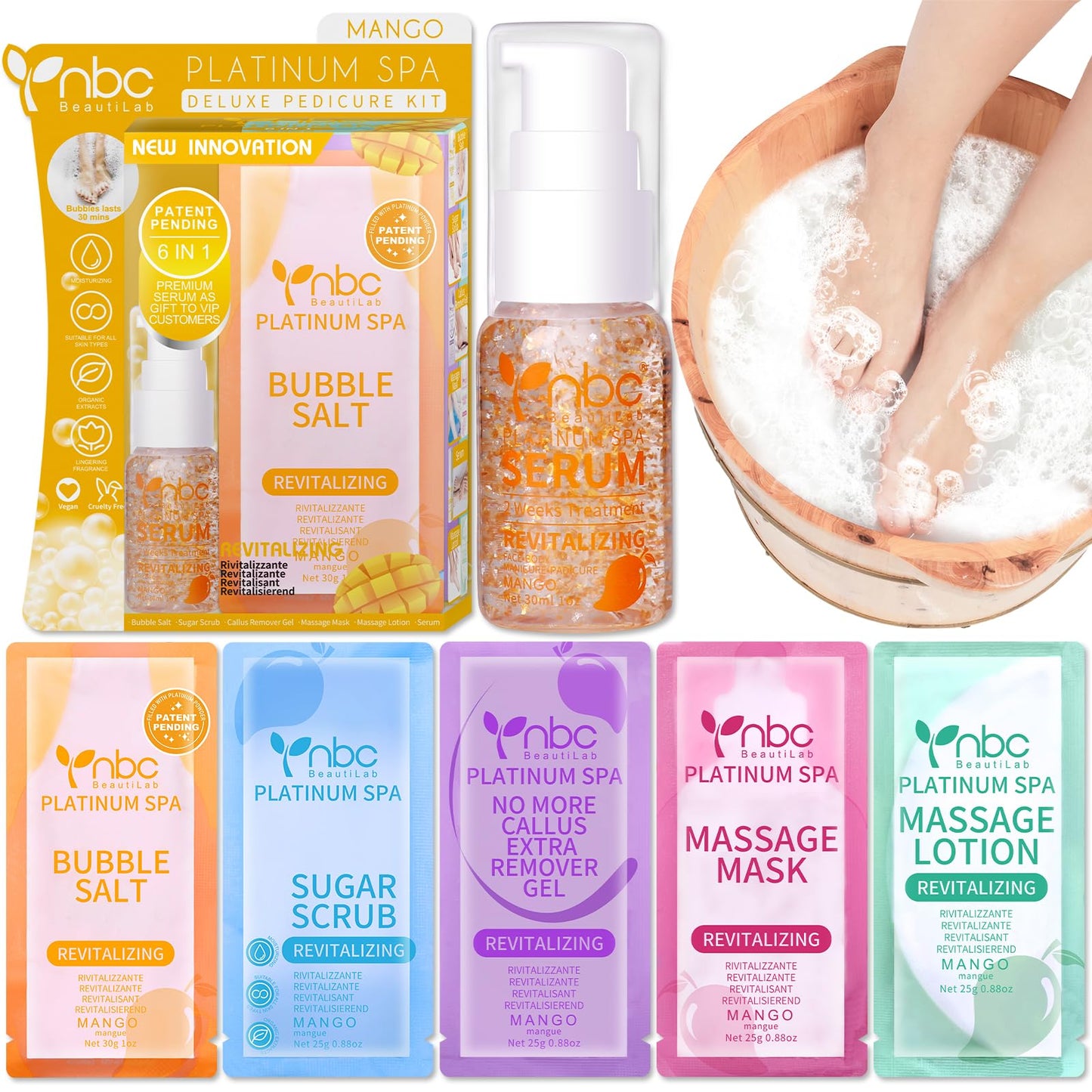 Pedicure Kit Foot Soak Set: Bubble Salt, Sugar Scrub, Massage Mask, Massage Lotion in a Box, 4 Step Foot Spa Kit for Dry Feet,Tired Feet（3 Set Tropical Fruit)