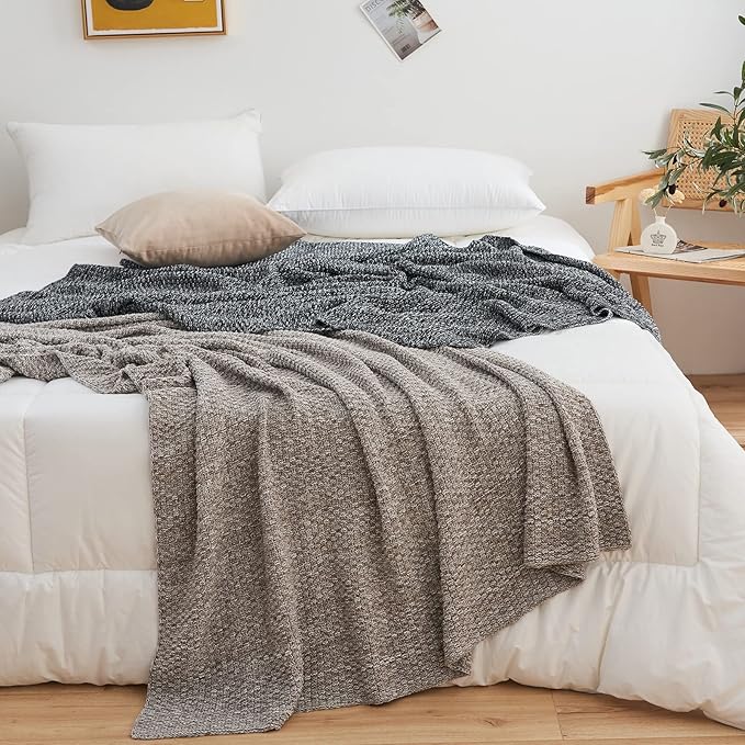 Longhui bedding Knitted Throw Blanket for Couch, Soft, Cozy Machine Washable 100% Cotton Sofa Blanket, Heavy 3.8lb Weight, Laundry Bag Included, Grey and White