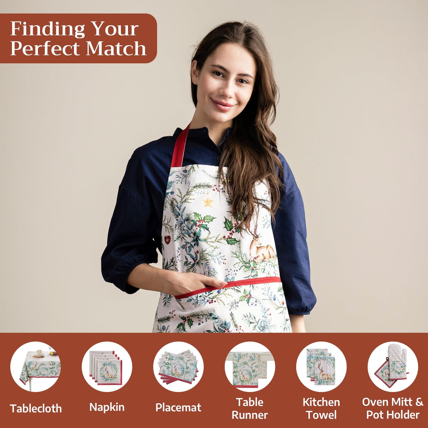 Maison d' Hermine 100% Cotton Apron for women with Pocket Kitchen Chef Fall Apron for Men Cooking Gardening Server Waitress Maid (Holly Time)