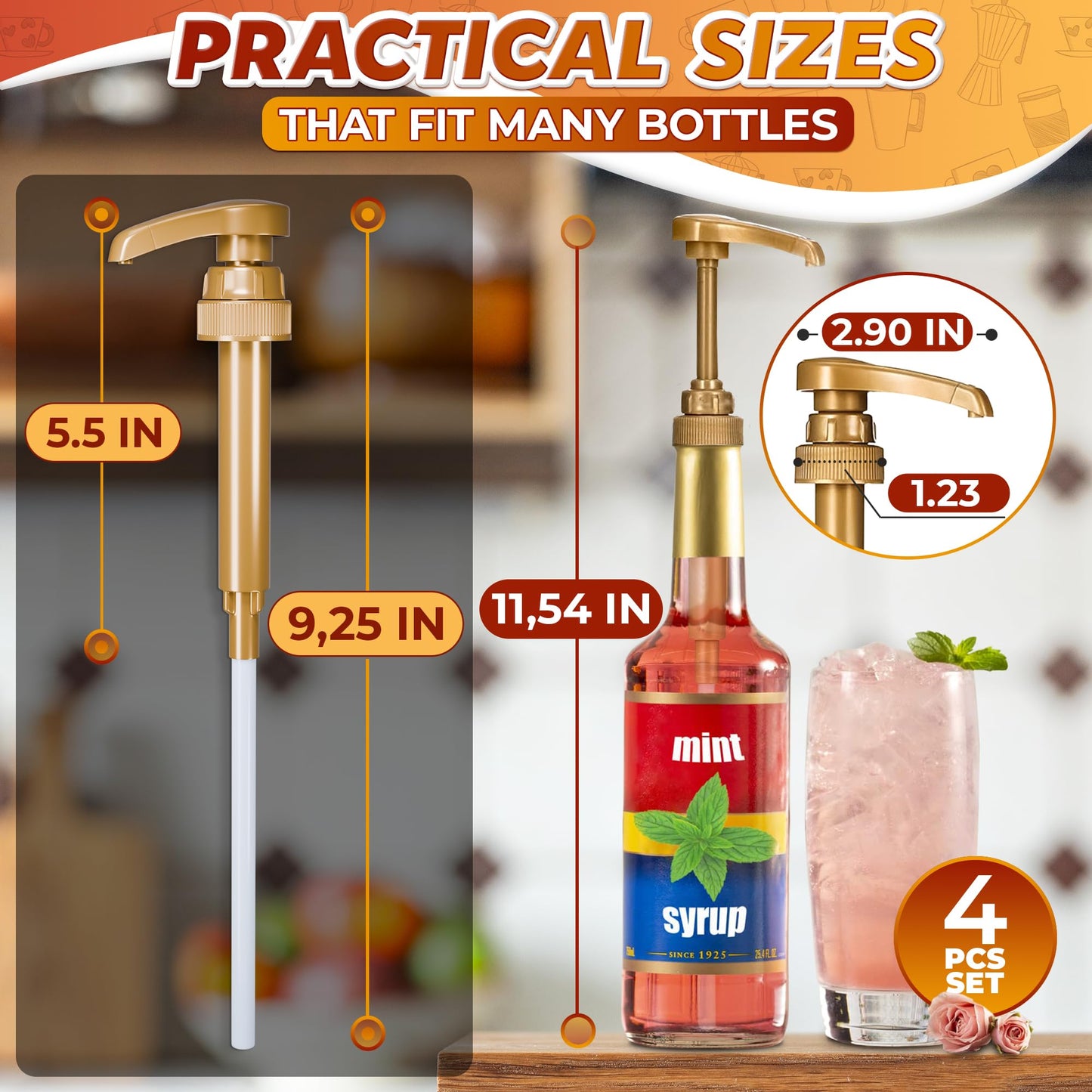 4 Pcs Coffee Syrup Pump Dispenser - Works as Skinny and Torani Syrup Pump - Precise Dispensing & Lockable Design, Fits Various 25.4 oz Bottles, Easy to Use & Clean, Ideal for Liquid & Pastes