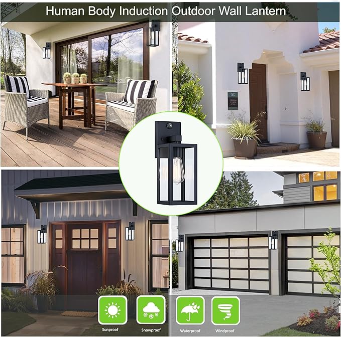 GRUENLICH Dusk to Dawn Large Outdoor Wall Lantern, PIR Motion Sensor Wall Sconce, E26 Base Max 60W, Metal Housing Plus Glass, Matte Black Finish, Bulb Not Included, 2-Pack