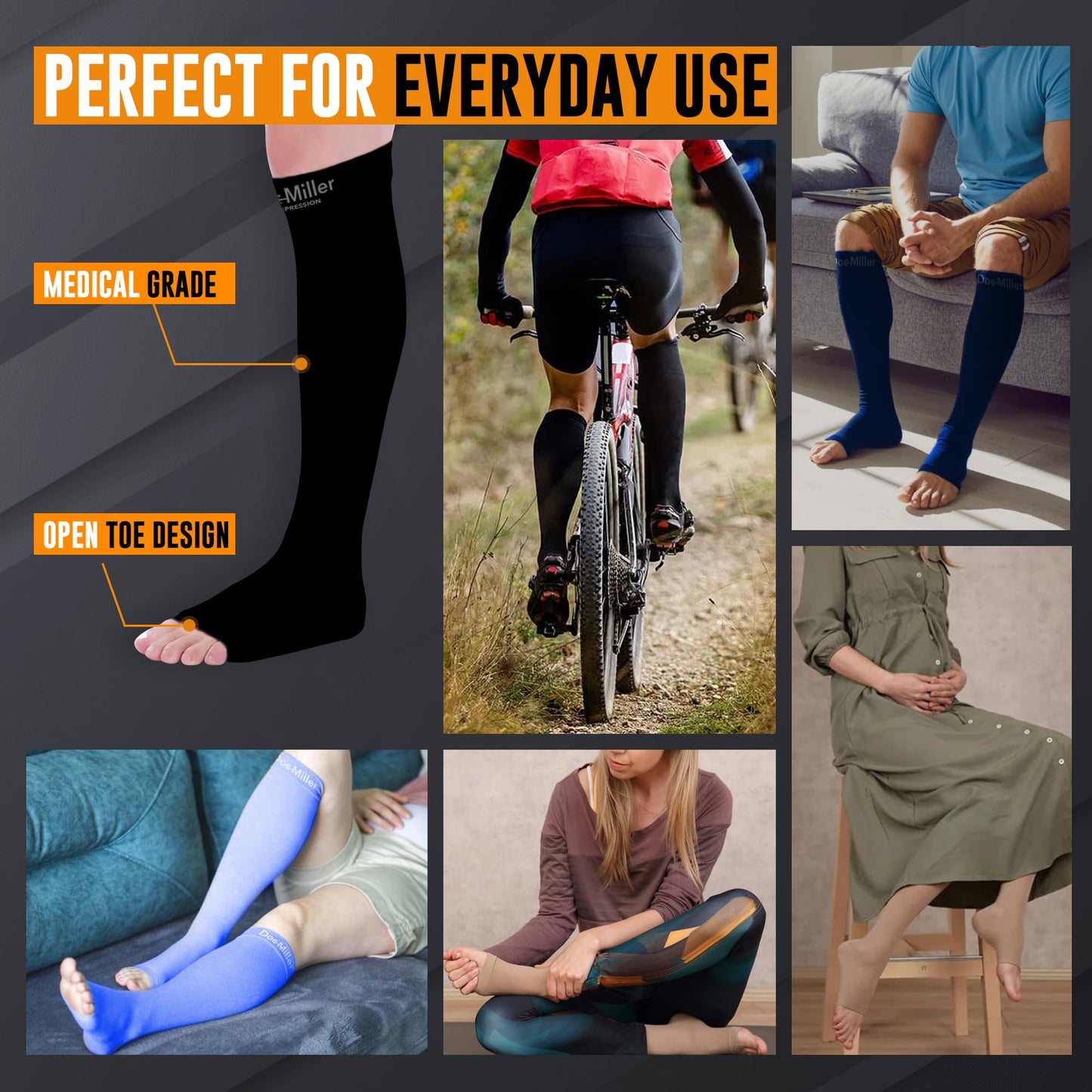 Doc Miller Open Toe Compression Socks for Men & Women, 30-40 mmHg Knee High Support, Toeless Design for Daily Leg Comfort, Breathable Nylon Spandex, 1 Pair