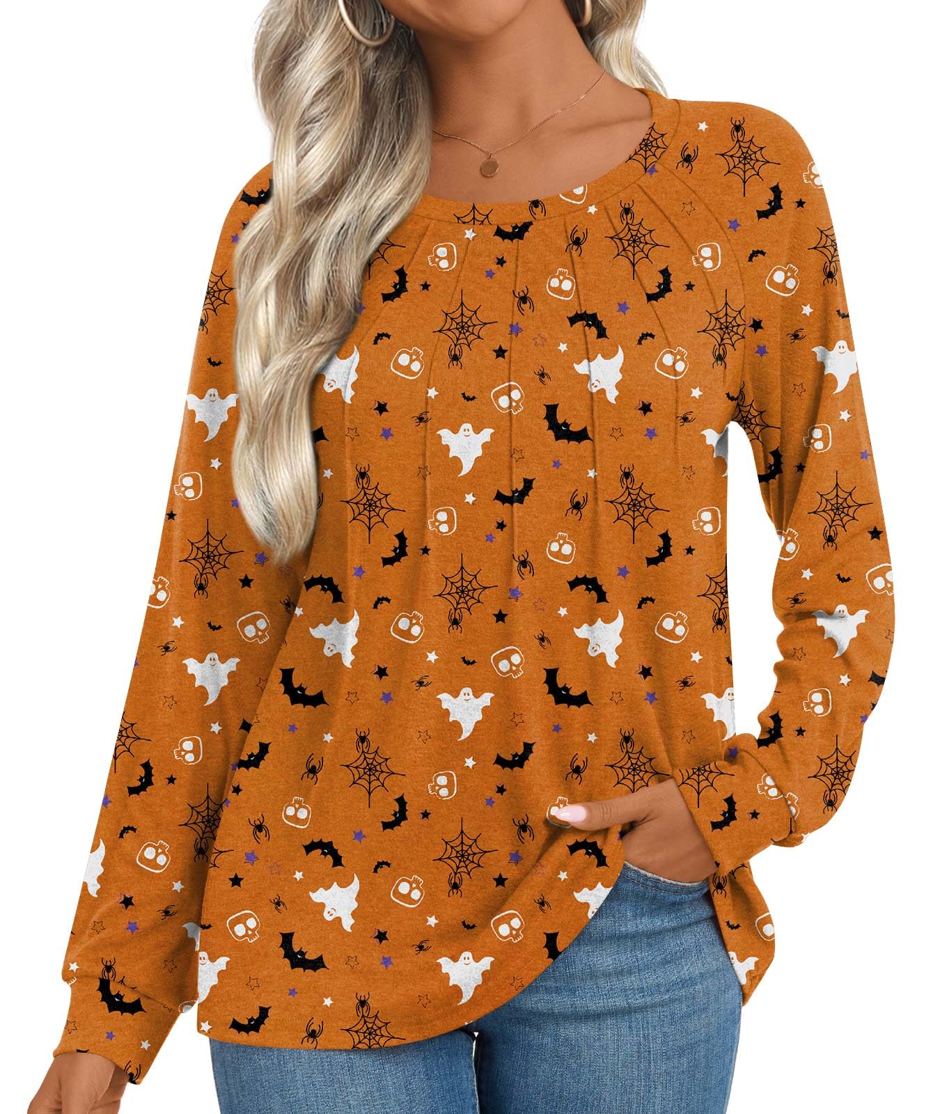 Addtoo Womens Halloween 2025 Fall Tunic Plus Size Tops Casual Long Sleeve Pleated Blouse Warm Dressy Tshirt XXLarge