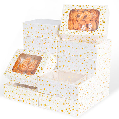 YEKTFS 24Pcs Christmas Cookie Boxes with Window - Gold Foil Star Pastry Boxes for Gift Giving, Bakery Boxes, White Christmas Cookie Tins with Lids,Dessert, Donut, Baked Goods Packaging