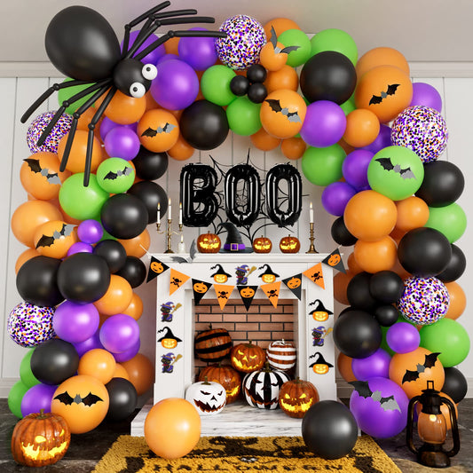 DBKL Halloween Balloons Garland Arch Kit with BOO Foil Balloon Spider Balloon Black Orange Purple Fruit Green Confetti Balloons for Halloween Party Decorations